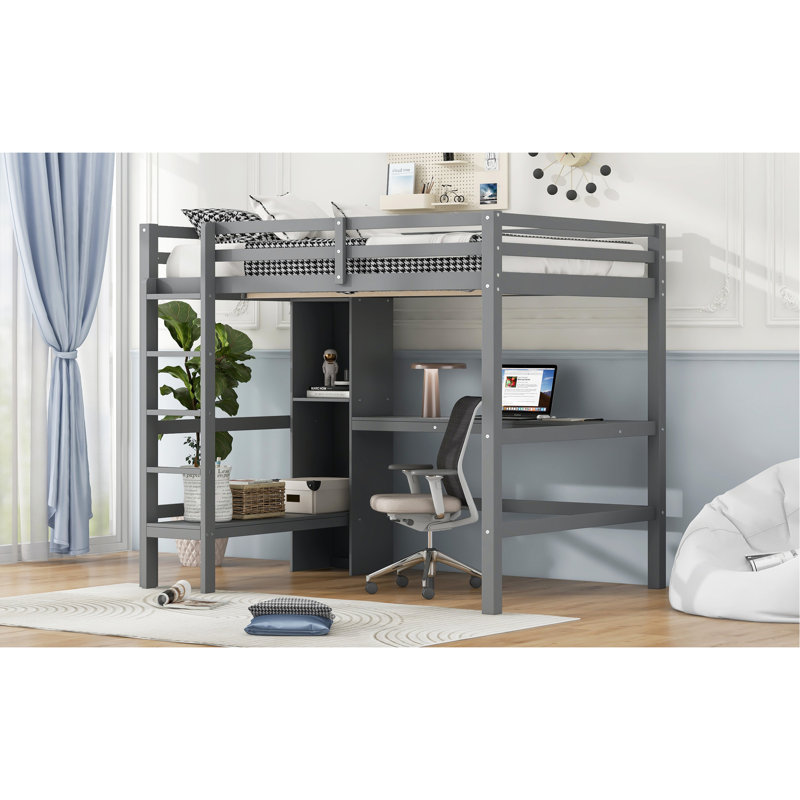 Lit mezzanine pleine grandeur gris avec bureau de fabrication de savon sous le lit et tablettes multifonctionnelles, lignes épurées, style moderne rustique en terre cuite Complement Home, garde-corps hauts