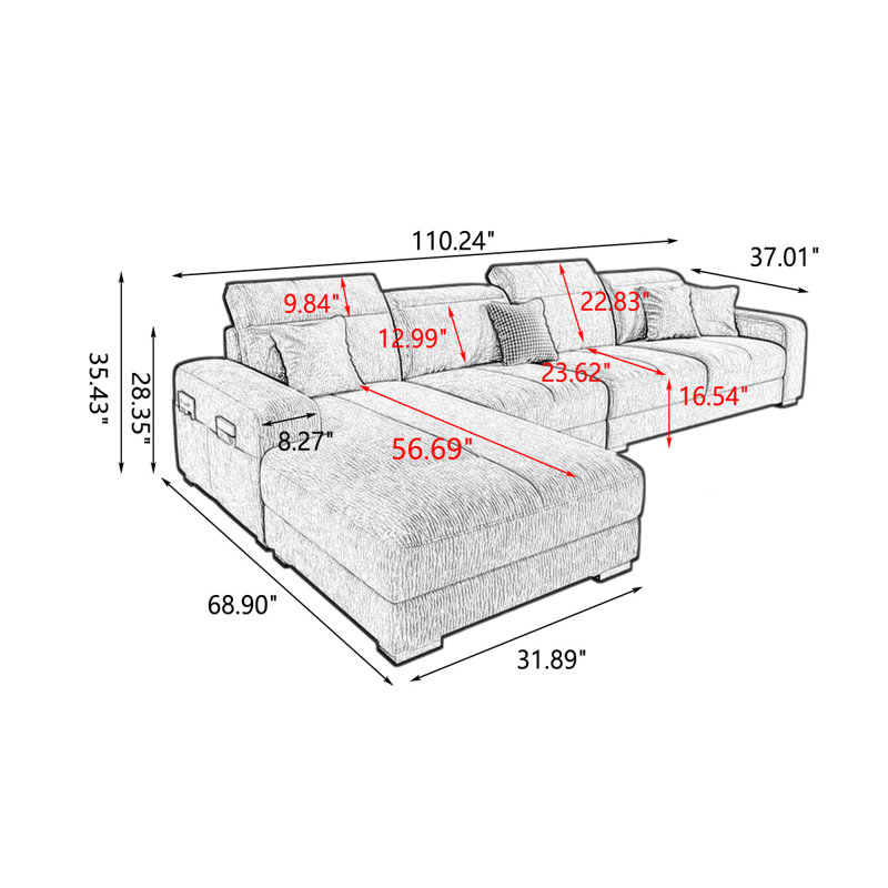 Canapé modulaire 3 pièces rembourré, Gris, H 35,43 po x l 110,24 po x P 68,9 po, Face à la gauche
