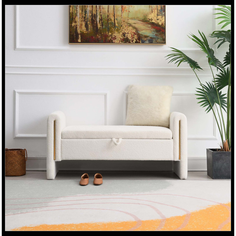 Banc de bout moderne avec accoudoirs et rangement, grand tabouret de repose-pieds rembourré, banc de meuble-lavabo de fenêtre confortable pour salon, chambre à coucher, dortoir, table basse, crème Teddy