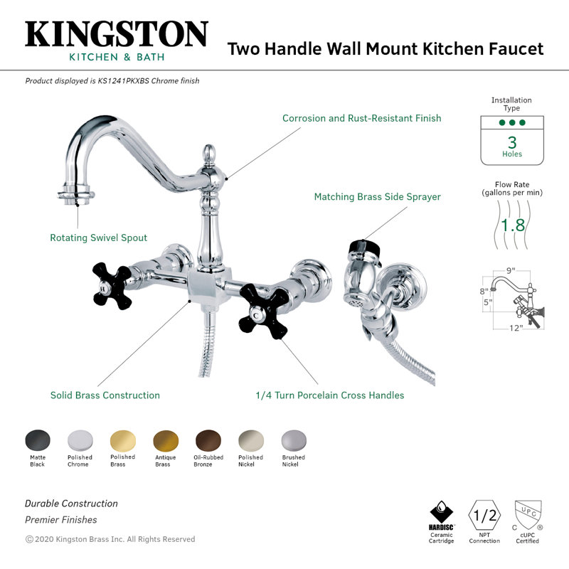 Kingston Brass Duchess Double-Handle 3-Hole Wall-Mount Bridge Kitchen Faucet with Brass Sprayer, Oil Rubbed Bronze