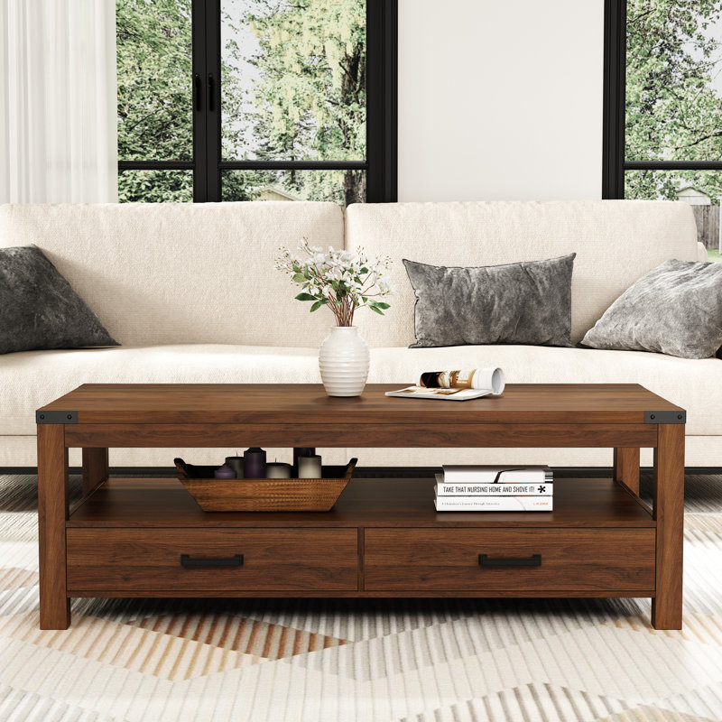 Rectangular Coffee Table With Two Storage Drawer And 2-tier Storage Shelves, Walnut