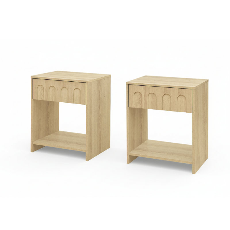 Abdullah 17.7" W Mid Century Modern Nightstands with Scalloped Drawer Front and Open Shelf Storage, Oak