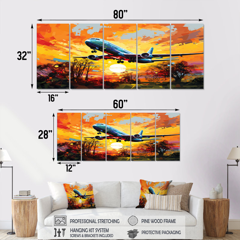 Avion qui décolle au coucher du soleil d'automne - train, art mural sur toile 5 pièces, H 28 po x l 60 po