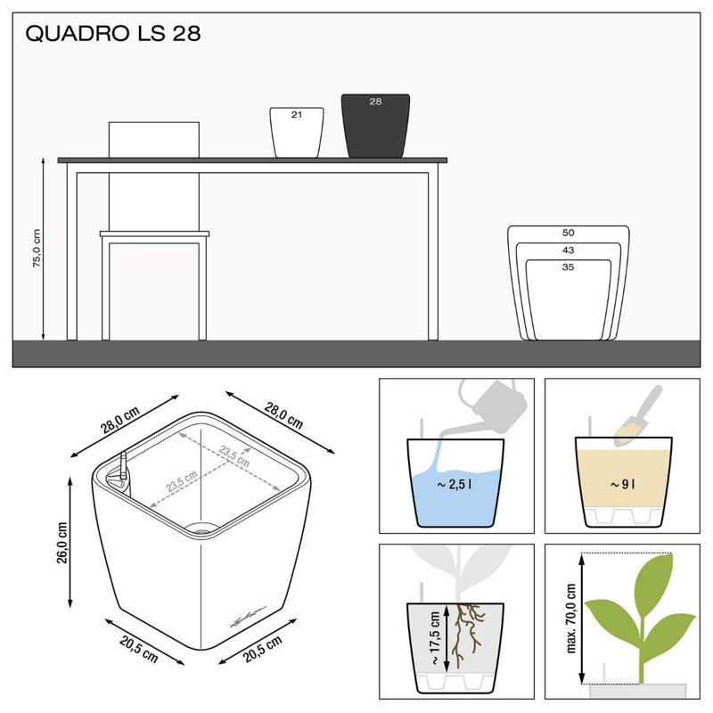 Quadro Premium Pot Planter, Black, 26cm H x 28cm W x 28cm D
