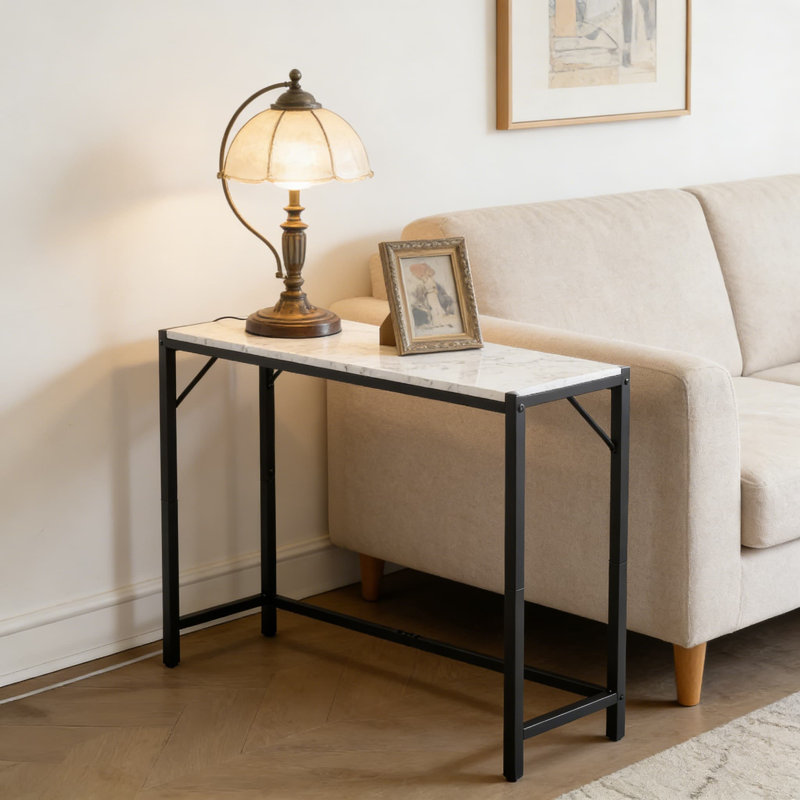 Console moderne avec prise de courant intégrée, canapé étroit avec structure en fer robuste et dispositif anti-basculement pour le salon, le vestibule, le couloir