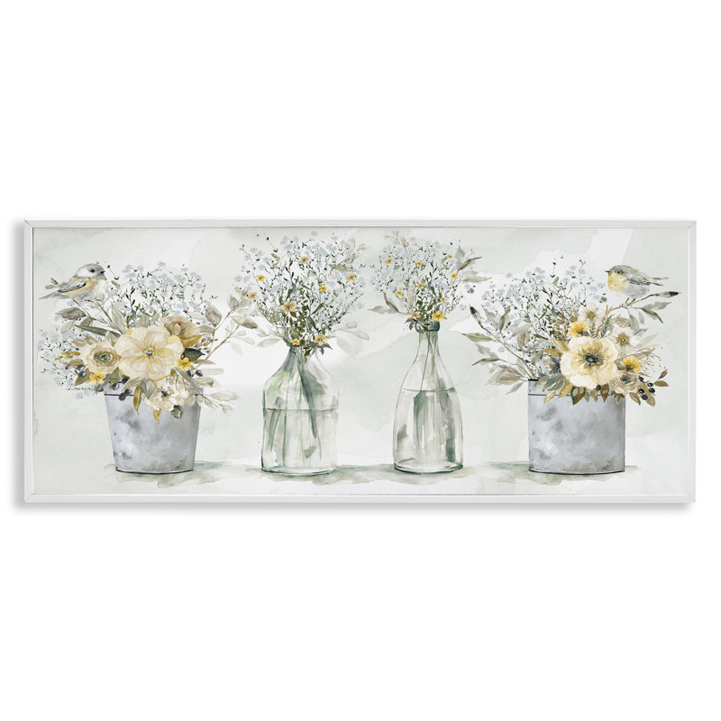 «Farmhouse Floral Bouquets Song Birds Rustic Vases», Giclée encadrée blanc bord de mer, H 10 po x l 24 po x P 1,5 po