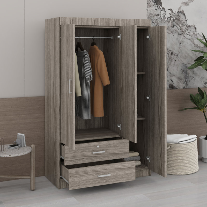 3-Door Mirror Wardrobe with Shelves,  Mirror, Grey