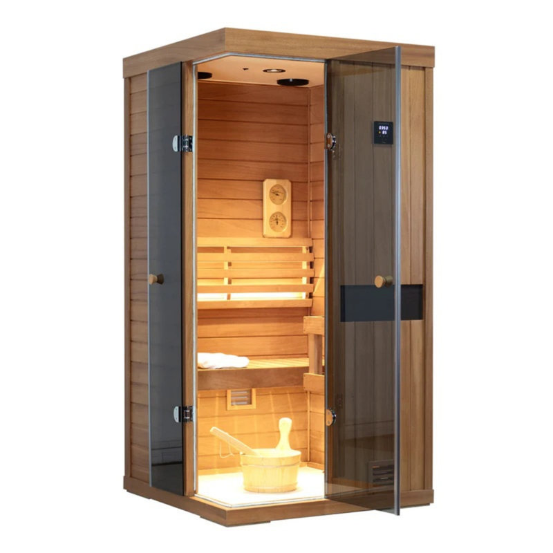 Samsora Indoor Traditional Steam Saunas 2500W for 1-Person, Made by African Wood, Advanced Negative Ion Technology with Mid Infrared Lamp, 95℉-230℉, Bluetooth Speaker, with Sauna Heater and Sauna Stone