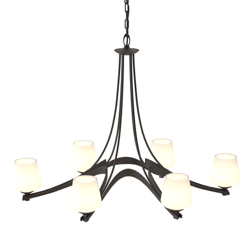 Lustre ovale classique / traditionnel à 6 lumières avec ruban ovale, Verre opale, Bronze huilé
