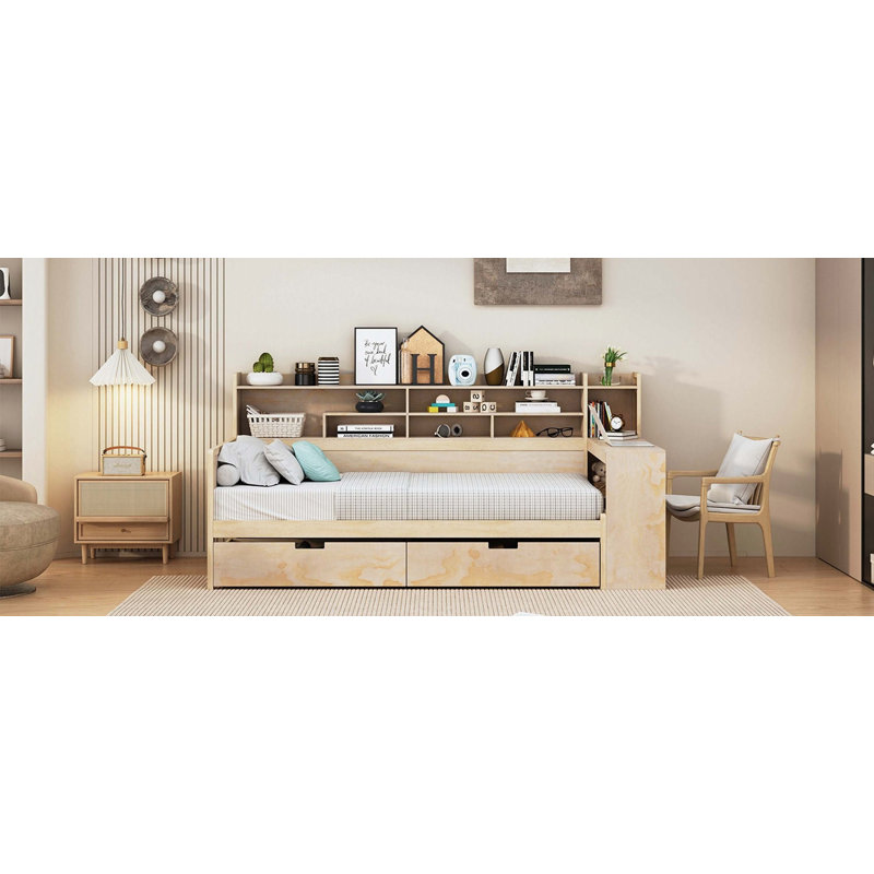 Lit de jour en bois avec tablettes de rangement, lit multifonctionnel, Lit simple, Marron clair