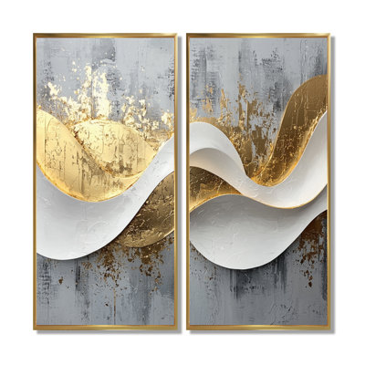 Abstrait bosquet d'introspection en or et blanc - vagues, art mural, impression sur toile abstraite dorée, ensemble de 2