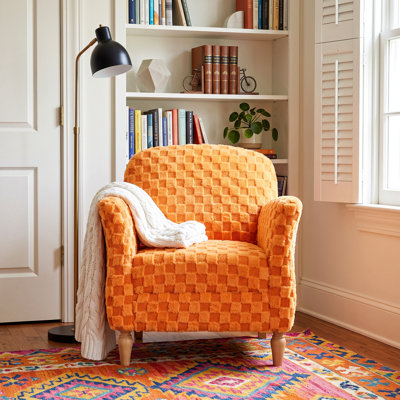 Fauteuil d'appoint en velours côtelé à carreaux, fauteuil canapé une place rembourré à carreaux moelleux avec pieds en bois massif, chaise d'appoint confortable, disponible en beige, orange et gris pour le salon et la chambre