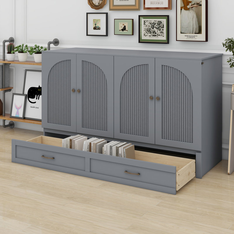 Lit escamotable avec grands tiroirs Murphy, gris, Grand lit