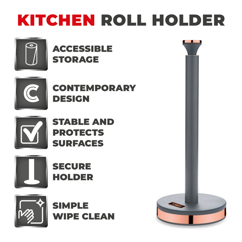Tower Cavaletto Towel Pole Kitchen Roll Holder, Grey
