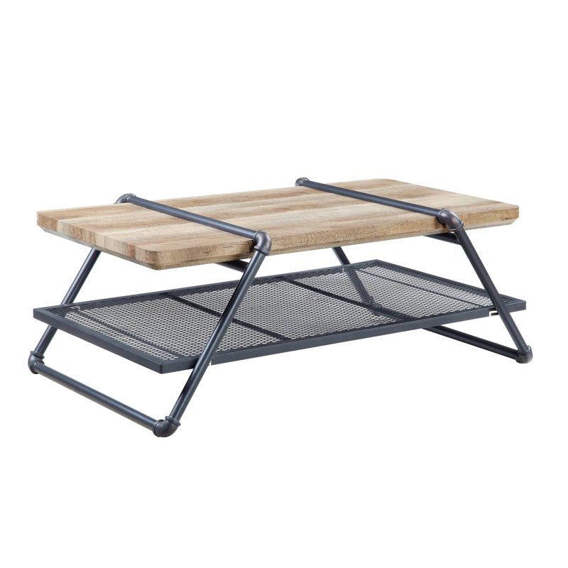 Brantley 47'' Oak and Gray Industrial Coffee Table with Metal Mesh Shelf