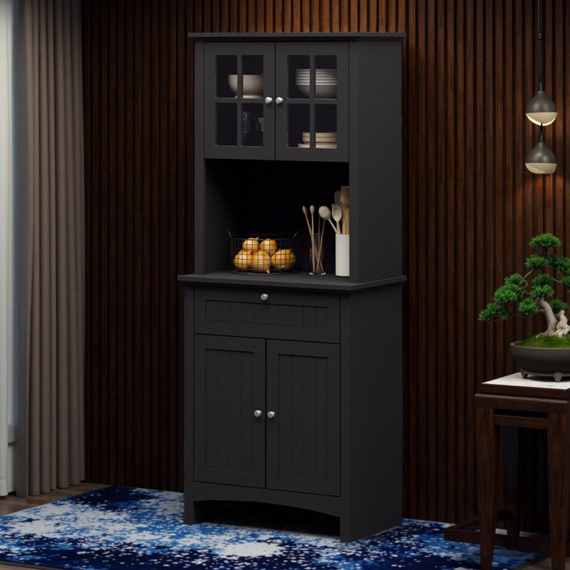 Buffet avec huche, armoire de rangement pour garde-manger avec porte en verre encadrée et espace pour micro-ondes