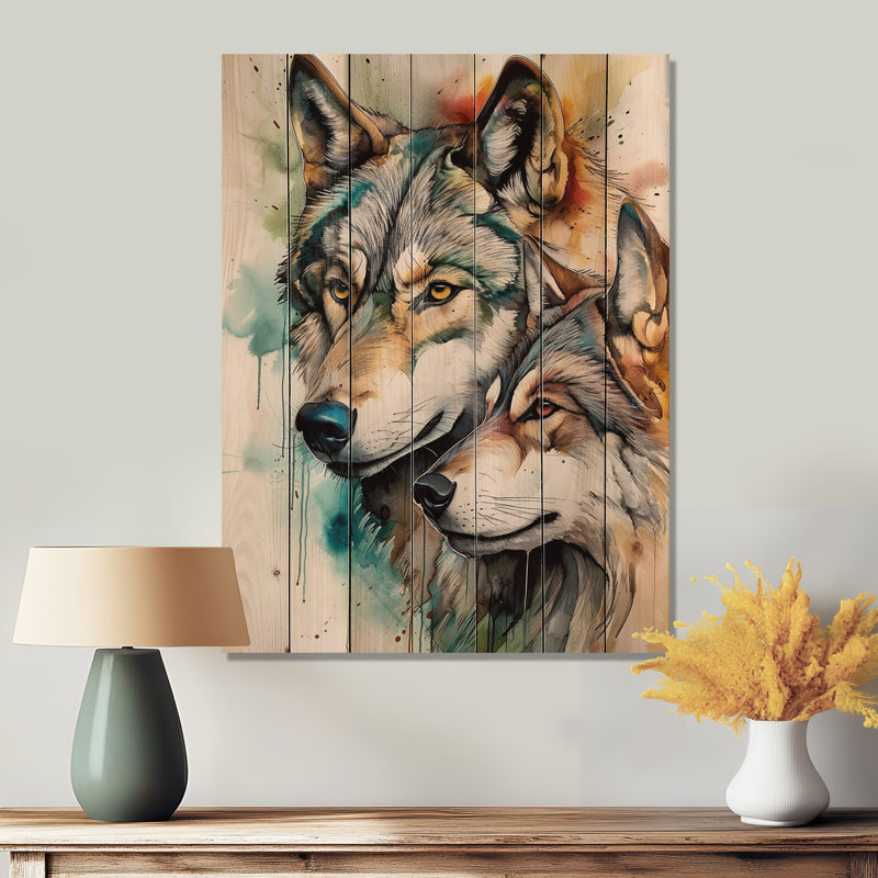 «Eklavya Wolves Portrait Watercolor1», reproduction sur bois, H 20 po x l 10 po x P 0,78 po
