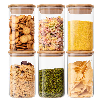 6 Pack Square Glass Kitchen Storage Jars With Airtight Bamboo Lids And 132 Pantry Labels - Glass Canisters With Wood Lids - Glass Food Storage Containers