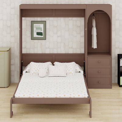 Elegant Murphy Bed Featuring Storage Shelf, 3 Drawers and  LED Light Closet Rod