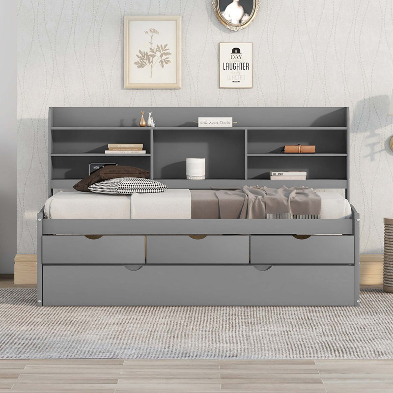Wooden Captain Daybed Bed With Built-In Bookshelves, Gray, Twin
