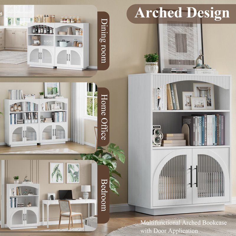 46" Bookshelf And Bookcase, Small Bookcase With Glass Door, 3 Tier Mid-century Book Shelves W/ Deep Storage Cabinet And Adjustable Shelves, Wood Standing Small Book Shelf For Home Office Kitchen