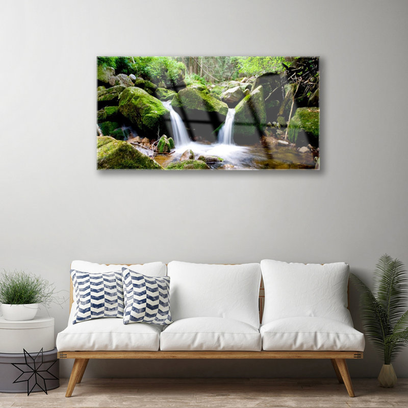 Nature Waterfall Rocks - Unframed Photograph on Glass