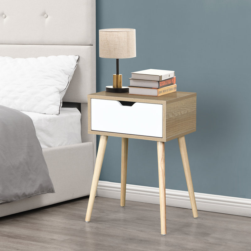 Table de bout blanche avec 1 tiroir et armoire de rangement Mid-Century