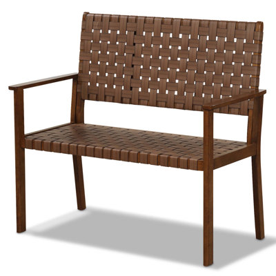 Patio Loveseat All Weather Bench With Solid Rubber Wood Frame&hand Woven Pu Leather