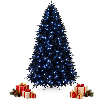 Pre-Lit Black Artificial Christmas Tree with White LED Lights, Full PE and PVC Foliage, Hinged Branches and Metal Stand