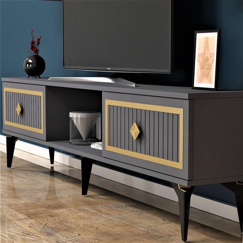 Meuble télé Catena en anthracite et or 59,1 po x 17,6 po x 11,6 po Catena | 100% panneau de particules enduit de mélamine, épaisseur: 0,7 pouce | Conception géométrique élégante, parfaite pour le salon et les espaces de divertissement