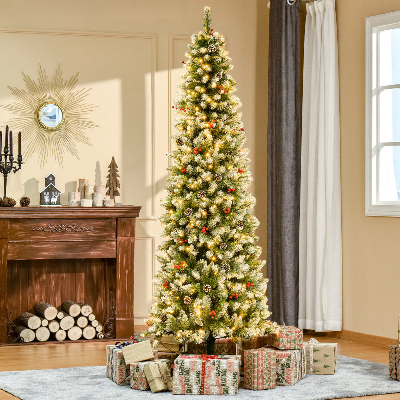 Arbre de Noël 7,5 pi avec 350 lumières à DEL, 1075 pointes, pin, baies rouges, vaste attrait artificiel