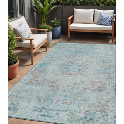 Tapis intérieur lavable 5 pi x 8 pi bleu ciel et rosé Medallion