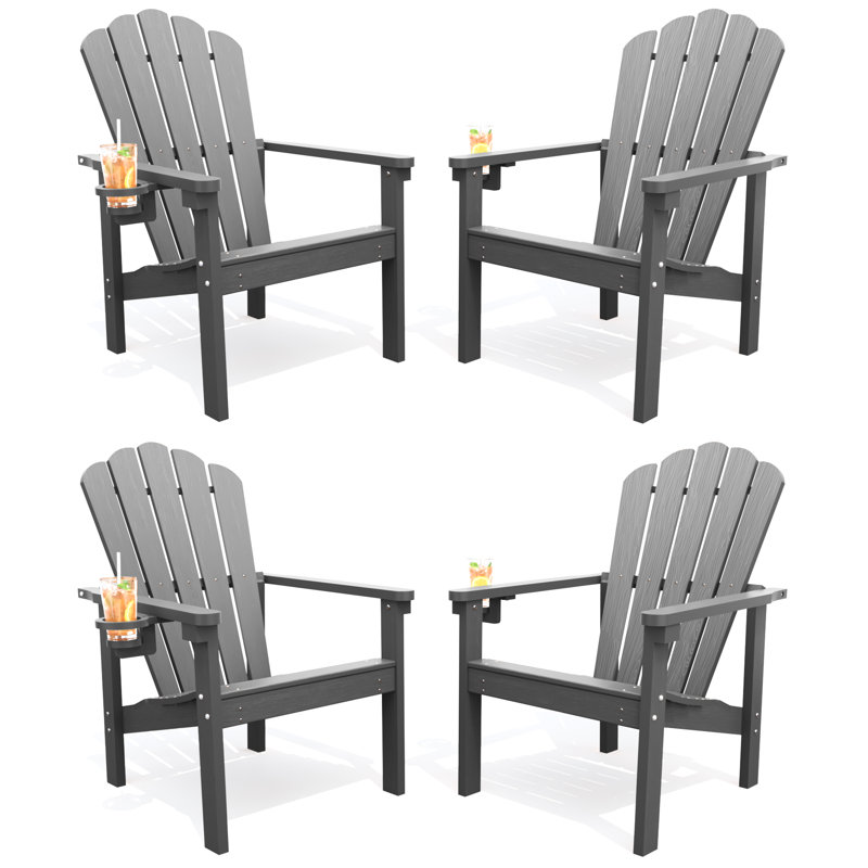 Dareona Pakkdiarie Set of 4 HDPE Stackable Adirondack Chairs with Cup Holders, All-Weather Outdoor Patio Chairs, 4, Gray