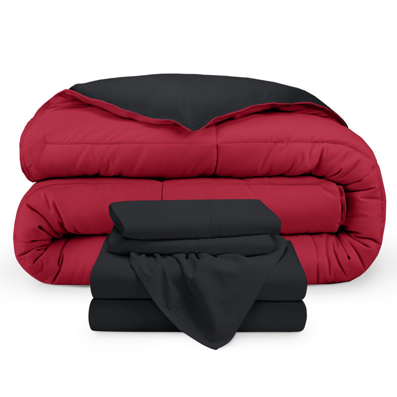 Lit dans un sac réversible en microfibre, Noir / rouge, noir, Édredon très grand californien + 2 taies d'oreil