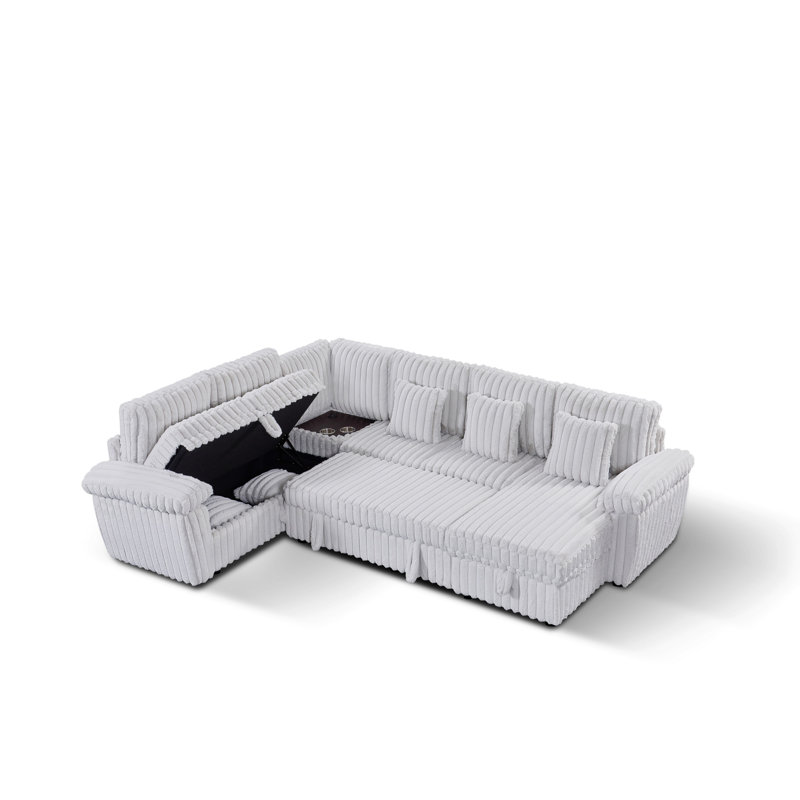 110-Inch U-Shaped Corduroy Sectional Sofa With Storage And Pull-Out Bed, USB Port & Cup Holder,Light Gray