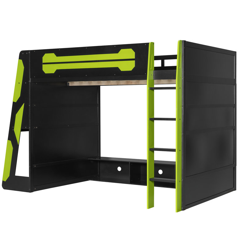 Modern Loft Bed With Light Computer Desk, Bookcase And Entertainment Center, Black/Green, Full