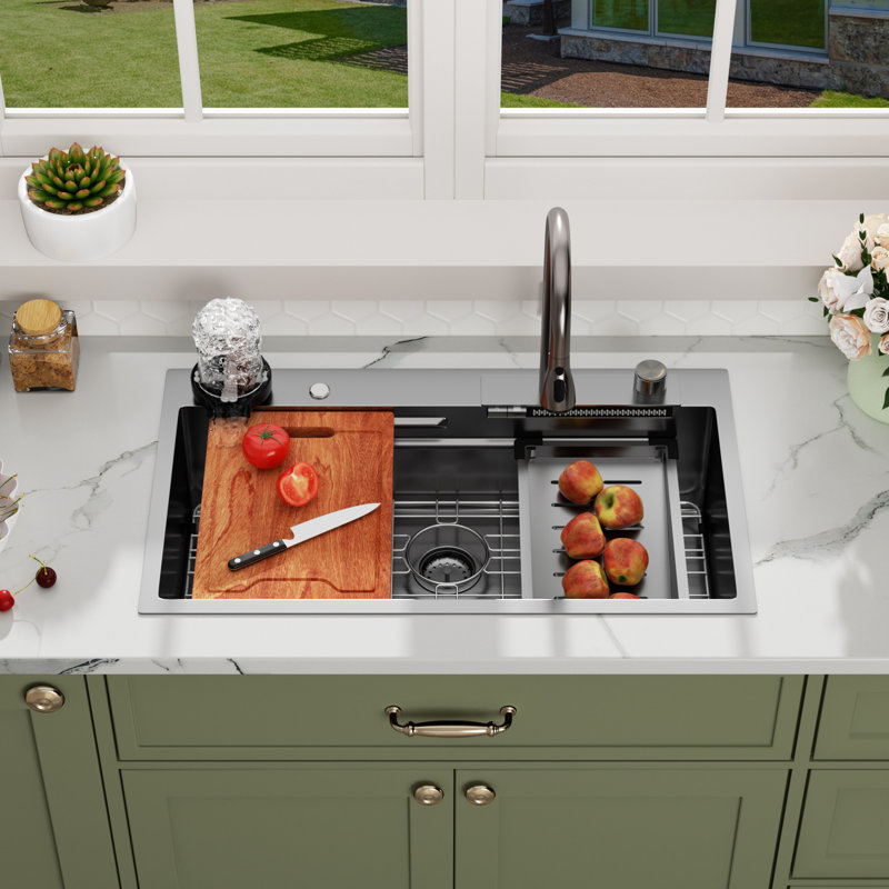 33"L x 19"W Drop-in Workstation Single Bowl Kitchen Sink 16 Gauge Stainless Steel Kitchen Sink With Waterfall& Pulling Faucet And Glass Rinser