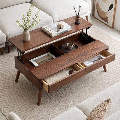 Table basse surélevée Table basse 100% bois de chêne massif avec plateau et plateau de table basse Largeur 120 x Profondeur 65 x Hauteur 45 cm Bureau d'étude Facile à assembler