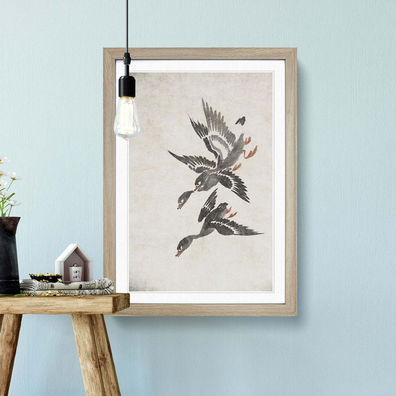 Wild Geese in Flight by Bian Shoumin - Picture Frame Painting Print, Oak Framed, 36cm H x 27cm W x 2cm D