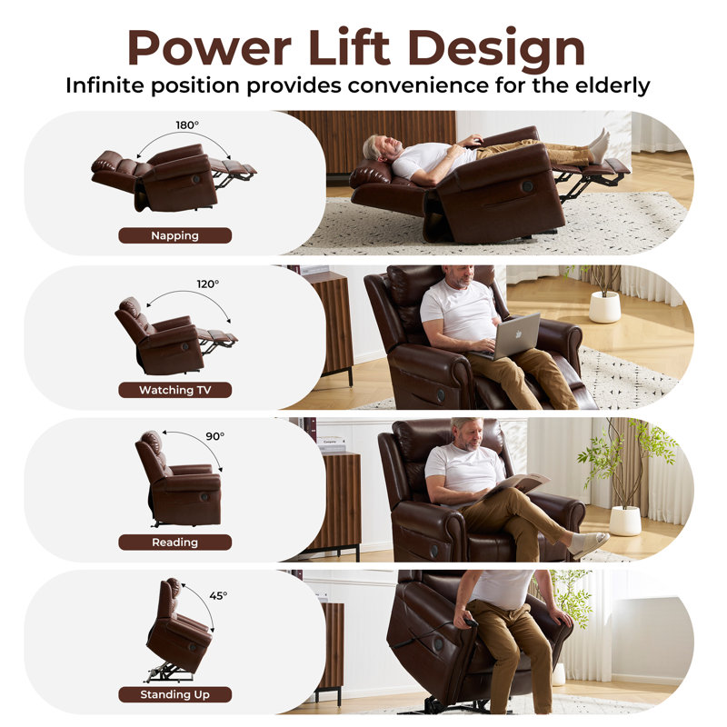 Power Lift Recliner Chair For Elderly With Massage And Heat, Lay Flat Recliner For Big And Tall, Brown, Brown