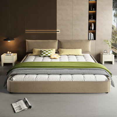 King Size Cloud Bed Frame With Oversized Padded Movable Headboard, Upholstered Bed With Round Corner