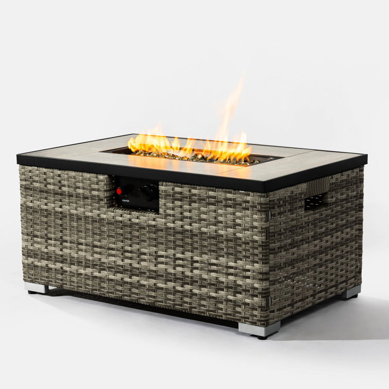 Table de foyer au propane beige avec support de réservoir et carreau de céramique, profondeur de 31,74 po, largeur de 19,16 po, hauteur de 15,01 po, support de poids de 80 lb, plateau de table à carreaux, fosse, P x P H