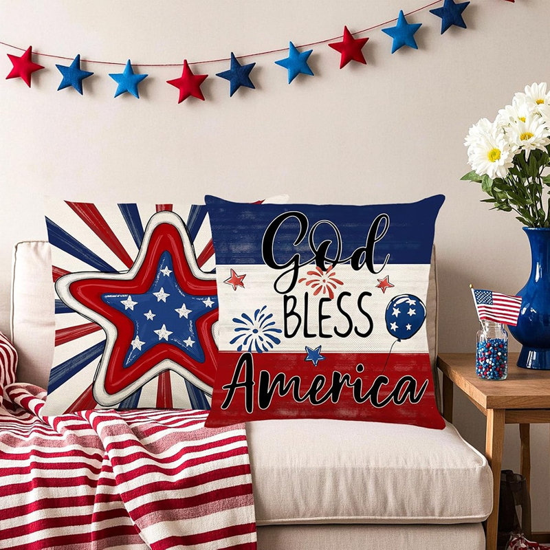 4Th Of July Throw Pillow Covers 18X18 Patriotic American Independence Day Memorial Day Red White Blue Pillow Case Cushion Covers Home Outdoor Sofa Couch Decorations Set Of 4