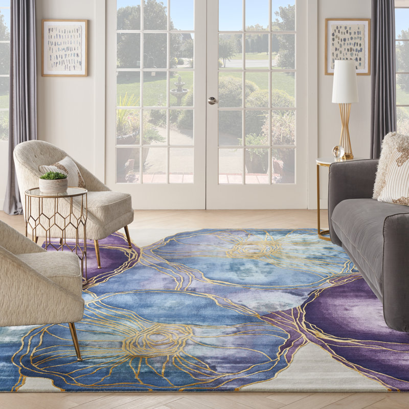 Tapis en viscose touffeté à la main bleu / mauve / jaune, Rectangle 8 pi 6 po x 11 pi 6 po