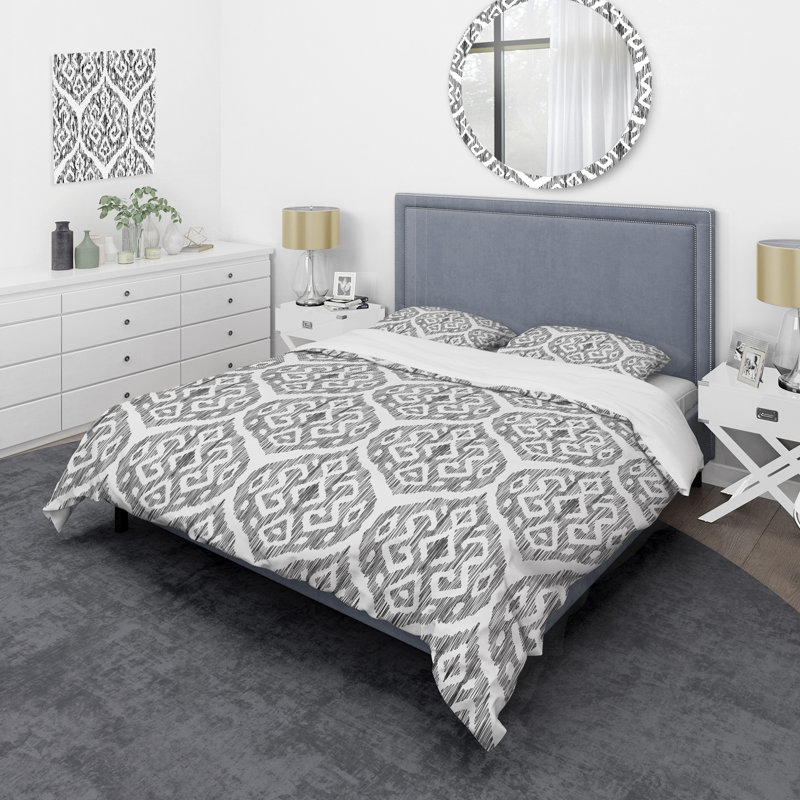 White and Grey Ikat Pattern - Abstract Duvet Cover Set - Microfiber Polyester, Twin Duvet Cover + 1 Standard Sham