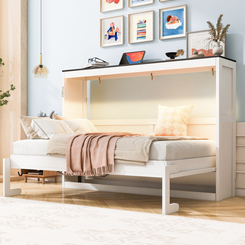 Lit mural simple blanc et brun avec éclairage à DEL, armoire pliable, bois massif, ouverture hydraulique lisse, idéal pour les espaces de travail à la maison dans les petites résidences, bois, système, dortoirs de bonne étude