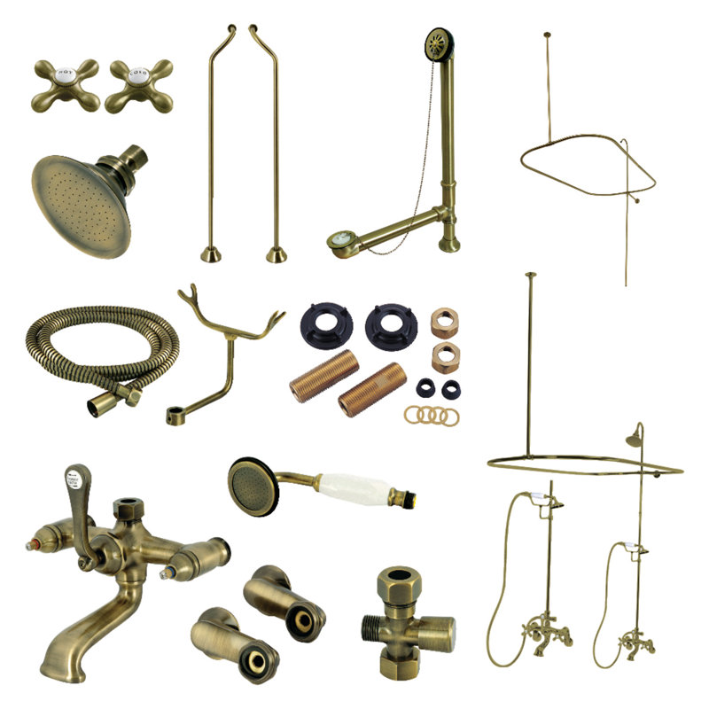 Kingston Brass Vintage Three-Handle 2-Hole Tub Wall Mount Clawfoot Tub Faucet Package with Shower Enclosure and Hand Shower