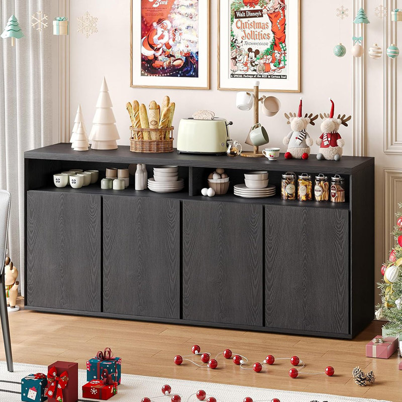 Buffet moderne avec 4 portes et tablettes, console Coffee Bar, noir et gris