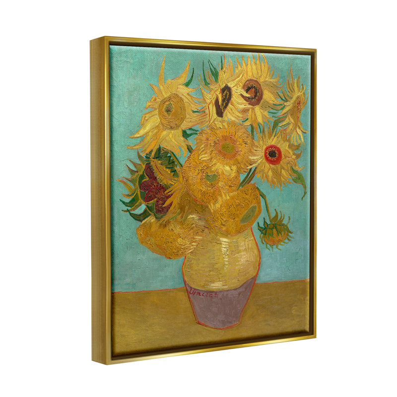 «Van Gogh Sunflowers», impression sur toile par Vincent Van Gogh, L 25 po x H 31 po, Cadre flottant métallique doré