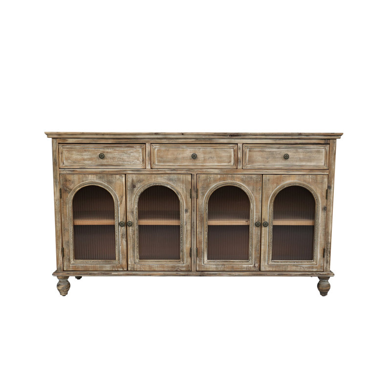 59.06" Farmhouse Sideboard Buffet Cabinet, Distressed Wood Credenza With 3 Drawers & 4 Glass Doors, Rustic Storage Cabinet With Shelves For Kitchen, Dining Room, Living Room, Distressed Natural Brown
